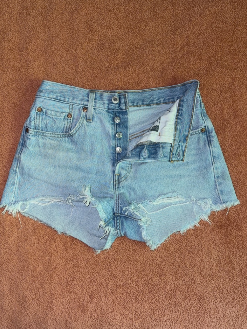 Levi's 501 Light Blue High-Rise Distressed Denim Shorts